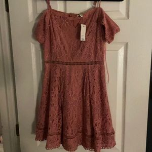 Pink Lace Dress with Spaghetti Straps and Off-the-Shoulder Sleeves